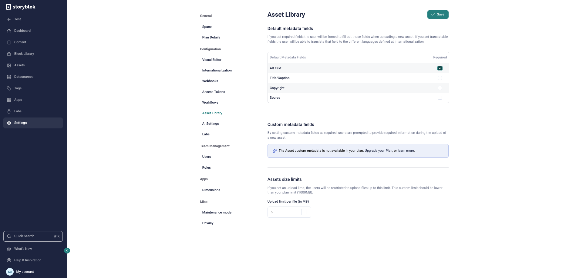 Required fields settings for the assets of a space