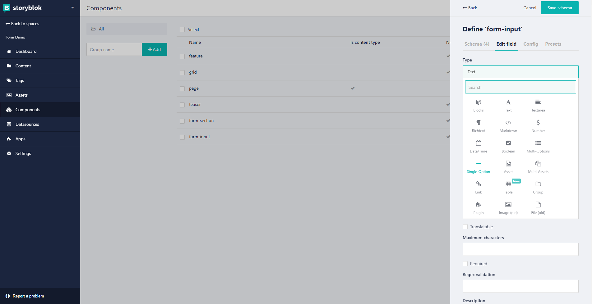 Type field single option