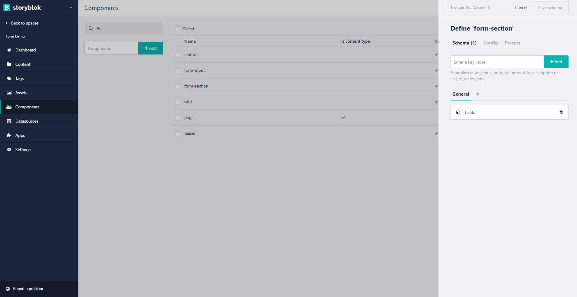 Component fields configuration
