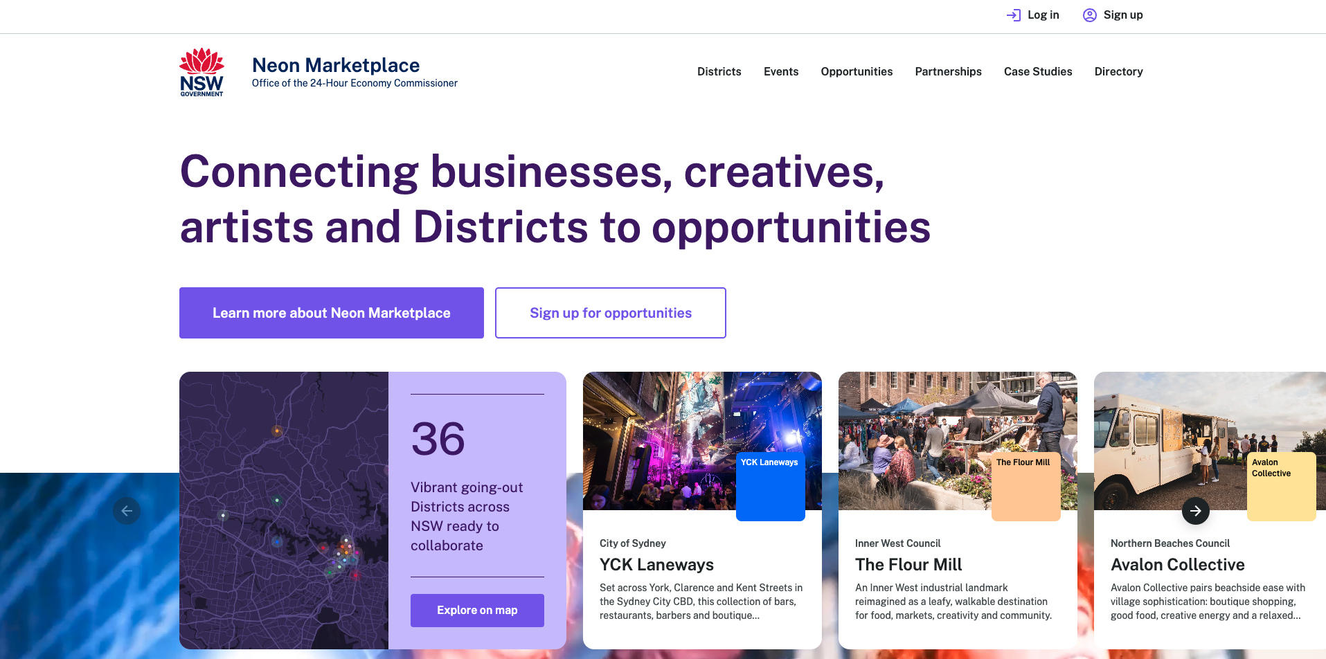 Neon Marketplace homepage showcasing opportunities for businesses and creatives, with sections on districts, events, and collaborations in NSW.