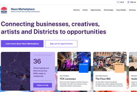Neon Marketplace homepage showcasing opportunities for businesses and creatives, with sections on districts, events, and collaborations in NSW.
