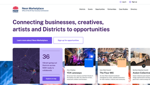 Neon Marketplace homepage showcasing opportunities for businesses and creatives, with sections on districts, events, and collaborations in NSW.