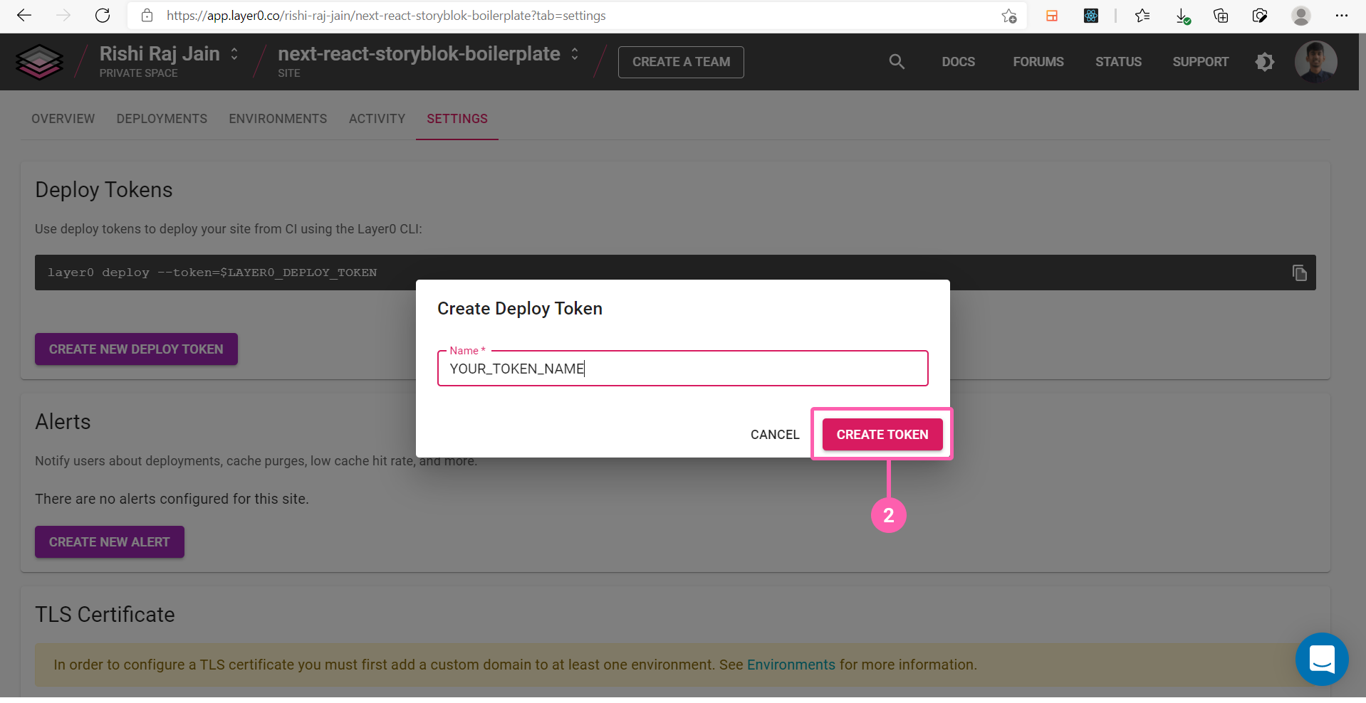 (Step 2: Give a name and Create Token)