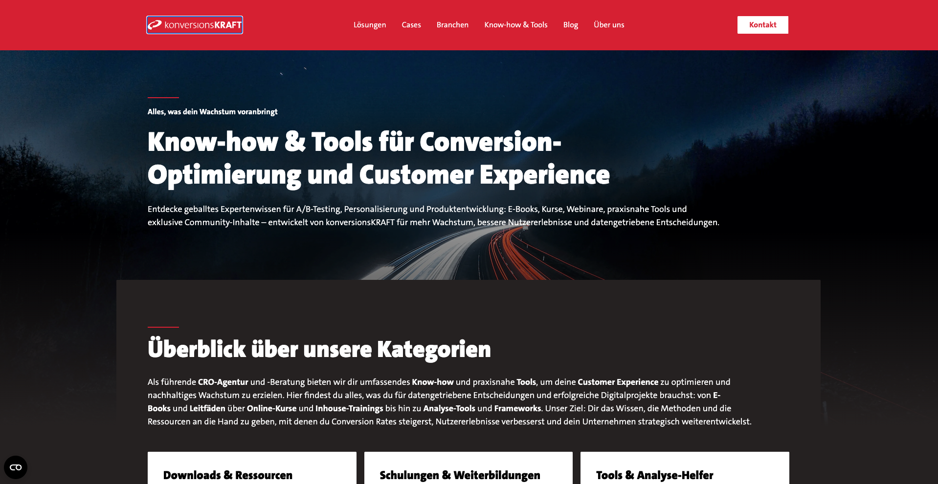 Website homepage featuring conversion optimization tools and resources. Red and black theme with navigation menu and information sections in German.