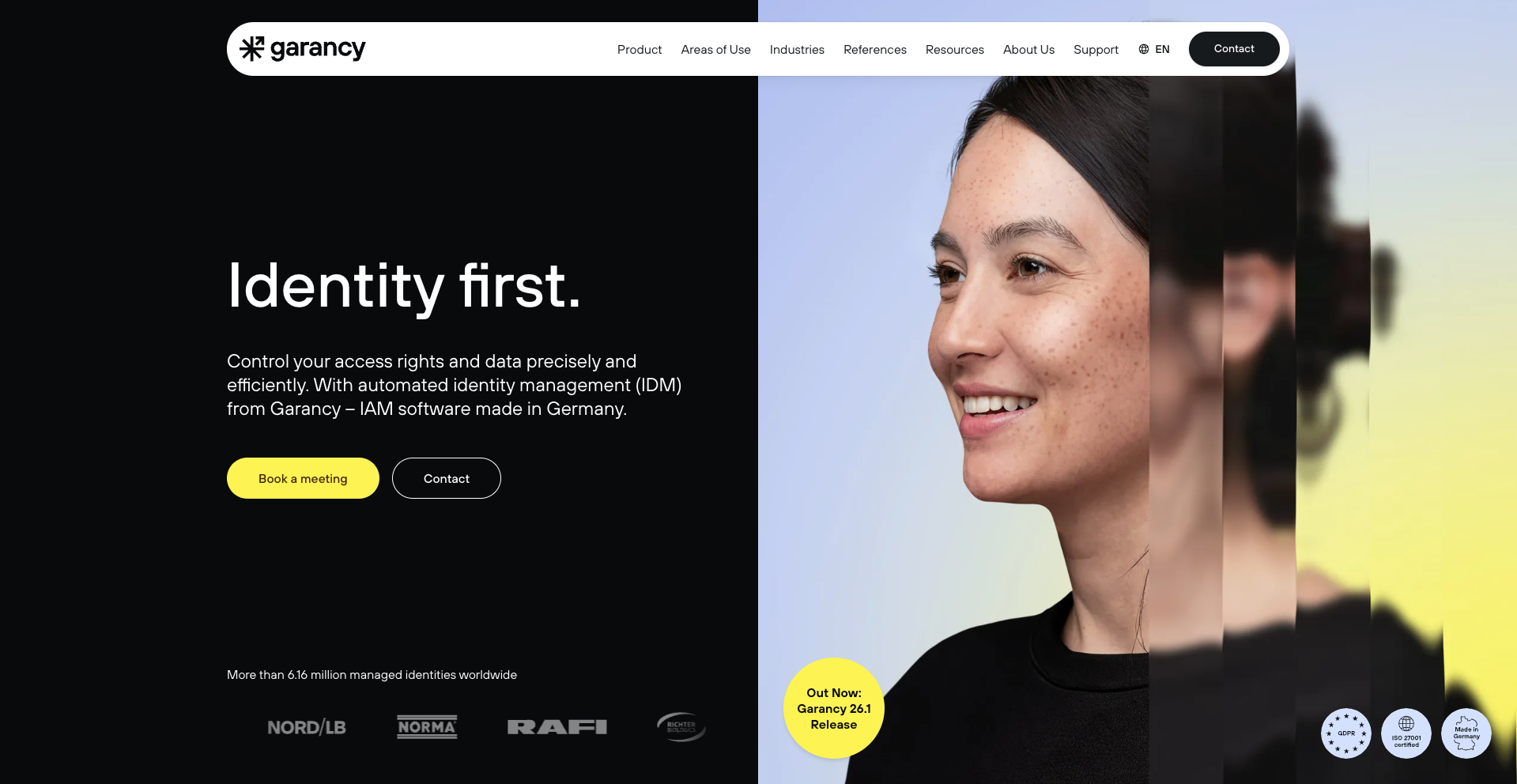 A webpage with the company logo "Garancy" and text about identity management software. A smiling woman's profile is visible on the right.