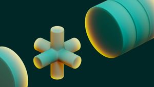Abstract 3D shapes with gradient teal and orange hues on a dark green background, featuring cylinders and a central star-like form.