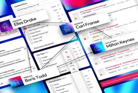 Collage of digital profiles and data charts, featuring names and a location, with connecting lines highlighting relationships.