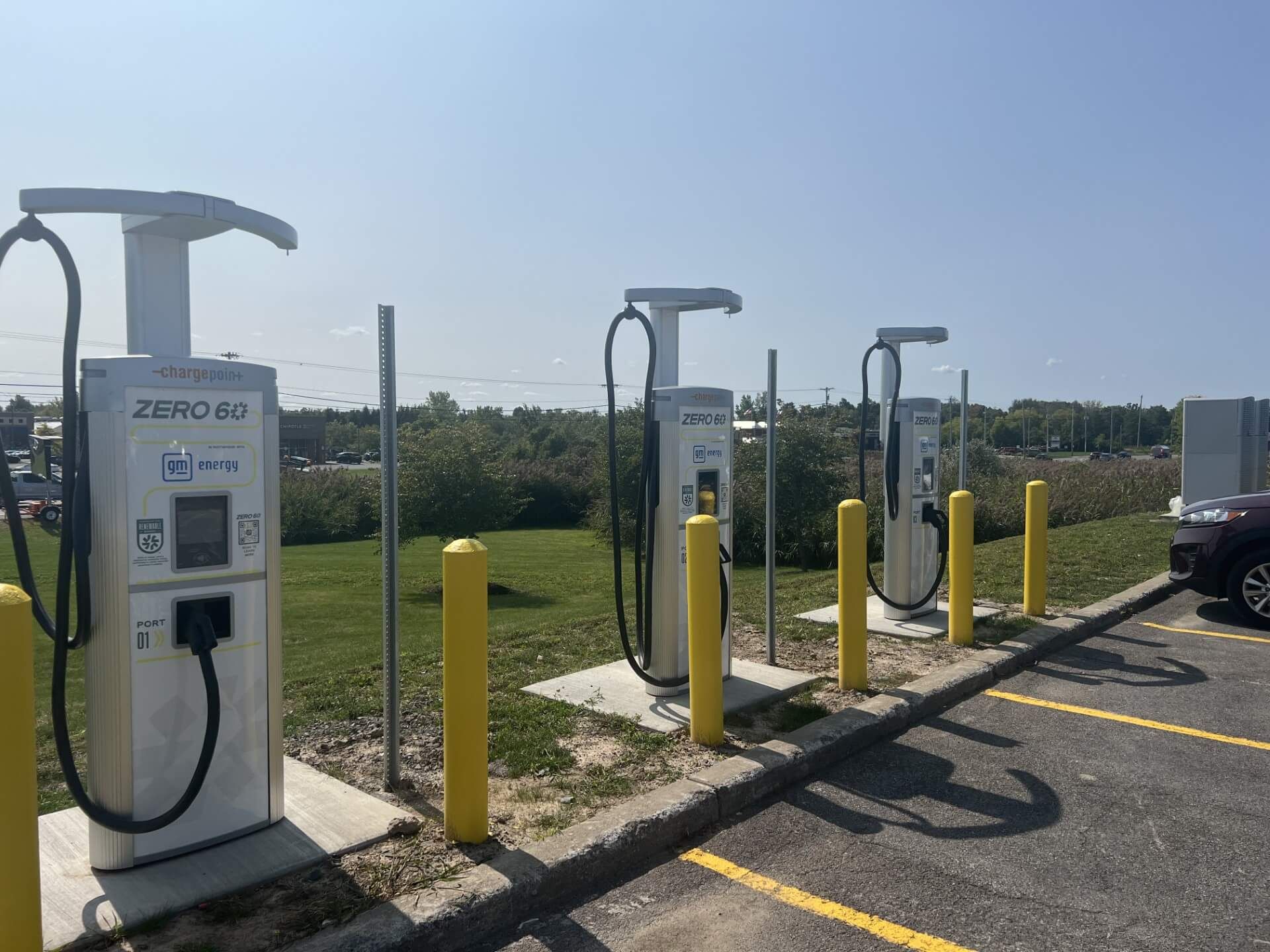 Three electric vehicle charging stations with yellow bollards in a sunny parking lot, adjacent to grassy area and trees in the background.