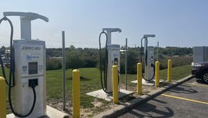 Three electric vehicle charging stations with yellow bollards in a sunny parking lot, adjacent to grassy area and trees in the background.