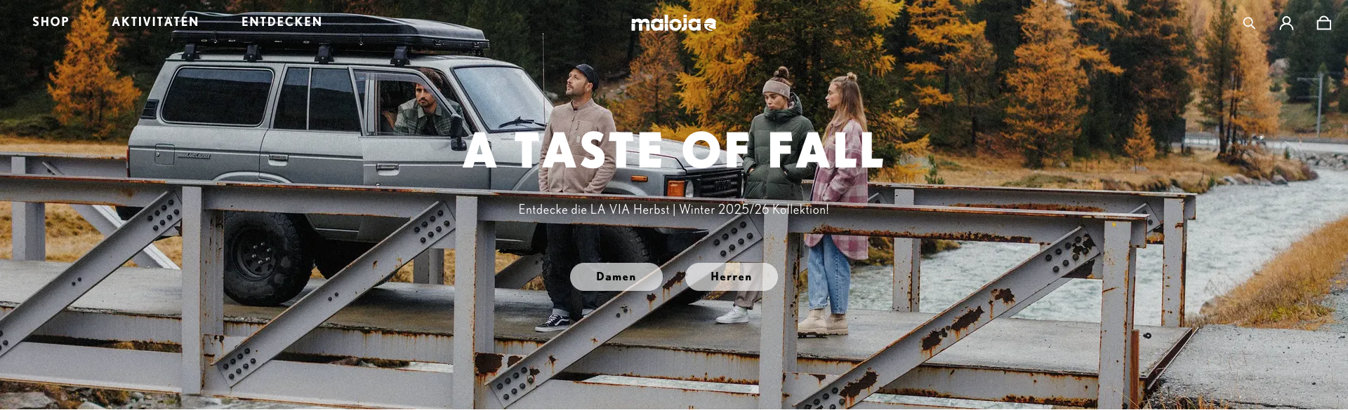 Homepage of Maloja featuring the Fall/Winter 2025/26 collection banner titled “A Taste of Fall.” The image shows four people dressed in outdoor clothing standing by an SUV on a bridge surrounded by autumn trees, with navigation links for Shop, Activities, and Discover.