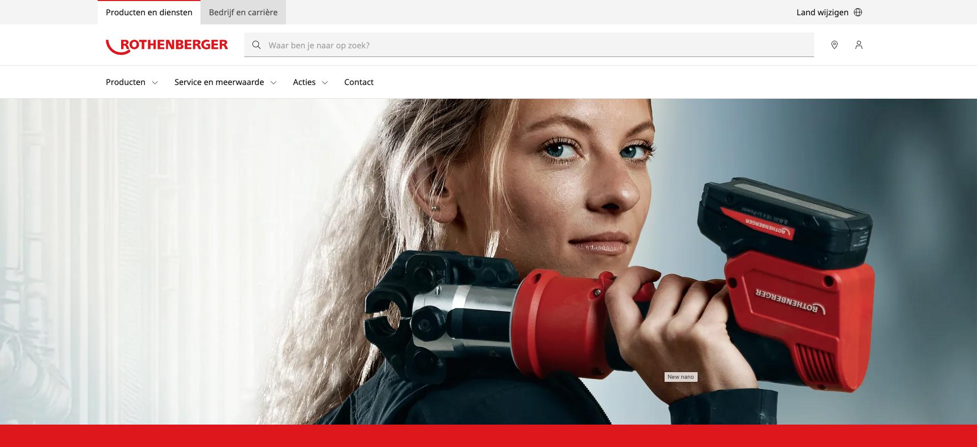 Woman holding a Rothenberger power tool on her shoulder, featured on a website banner with a white and red theme.