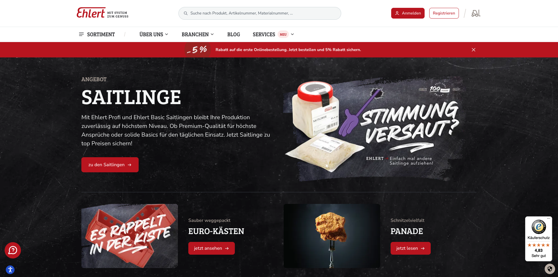 Homepage of Ehlert, a German food industry supplier, featuring a promotional banner for “Saitlinge” (sausage casings) with product images and bold text on a black chalkboard-style background. The navigation bar includes sections for assortment, industries, blog, and services, with red buttons for login and registration.
