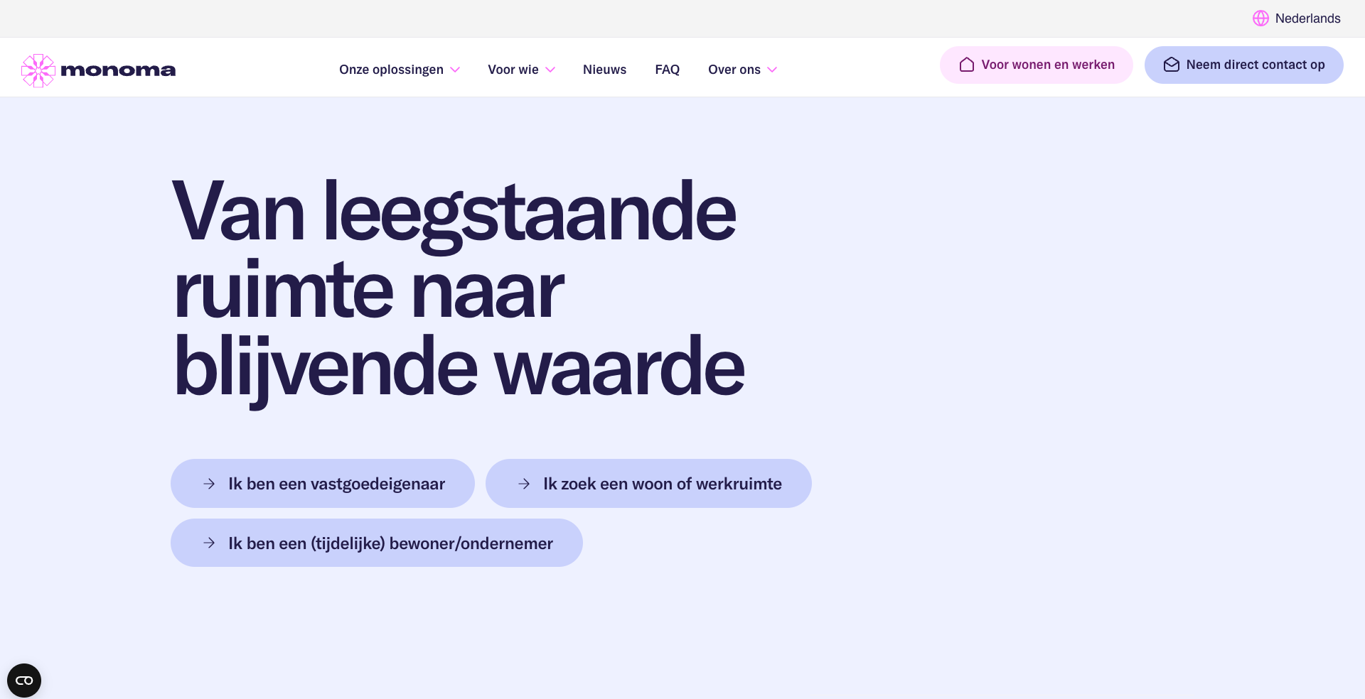 Website homepage with Dutch text promoting converting empty spaces to lasting value and options for property owners and temporary residents.