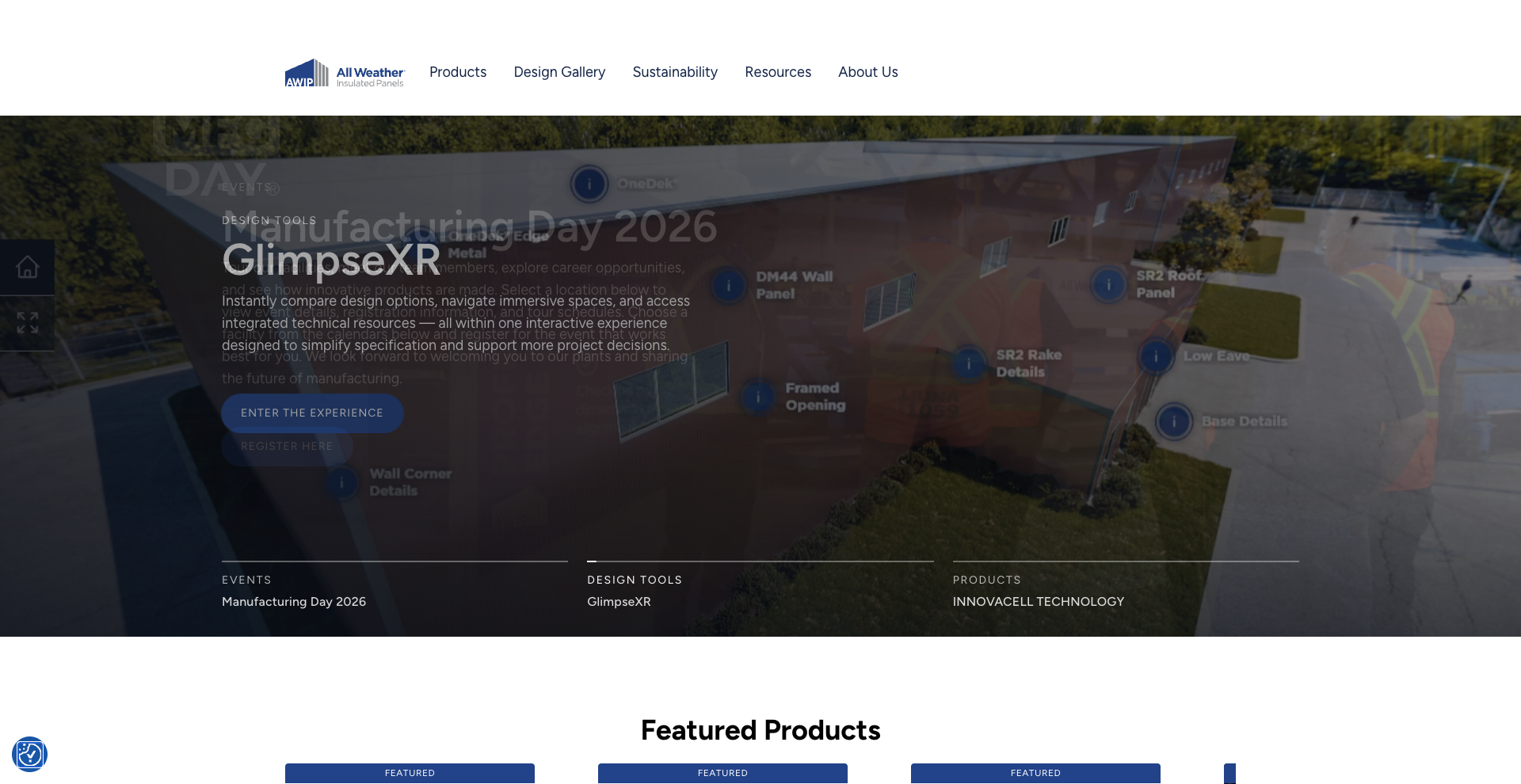 Website landing page for All Weather Insulated Panels, featuring "Manufacturing Day 2026," interactive tools, and a menu for products and resources.