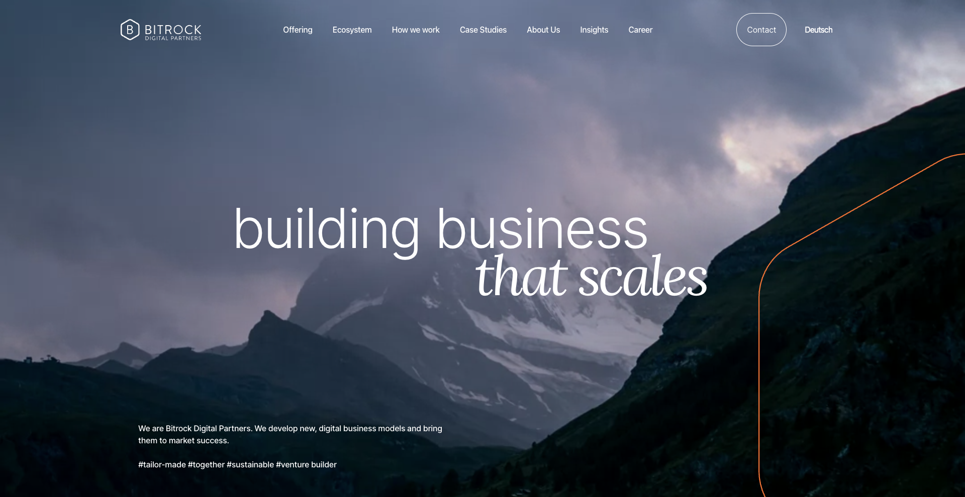 Homepage of Bitrock Digital Partners showing a mountain landscape with the tagline “building business that scales.” The top navigation includes links to sections like Offering, Ecosystem, Case Studies, and About Us, with the Bitrock logo in the upper left corner.