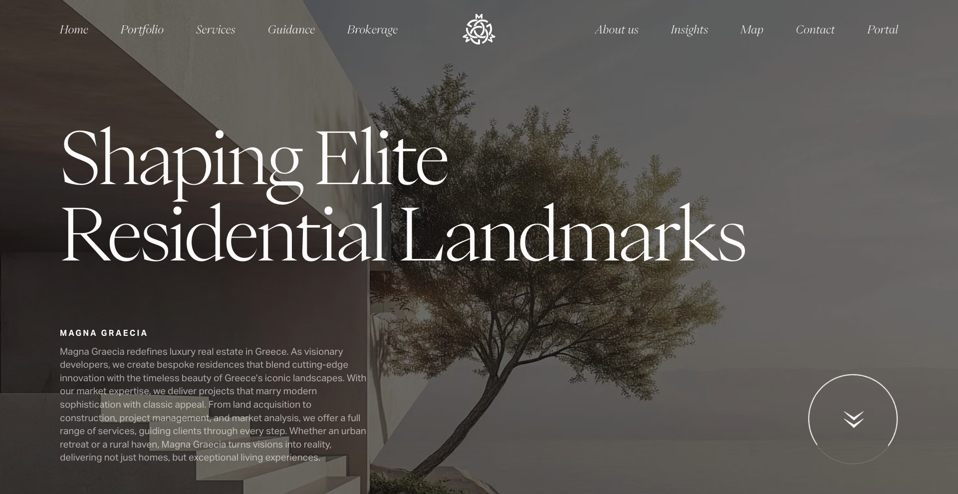 Website homepage for Magna Graecia, featuring a serene landscape background and the text "Shaping Elite Residential Landmarks."