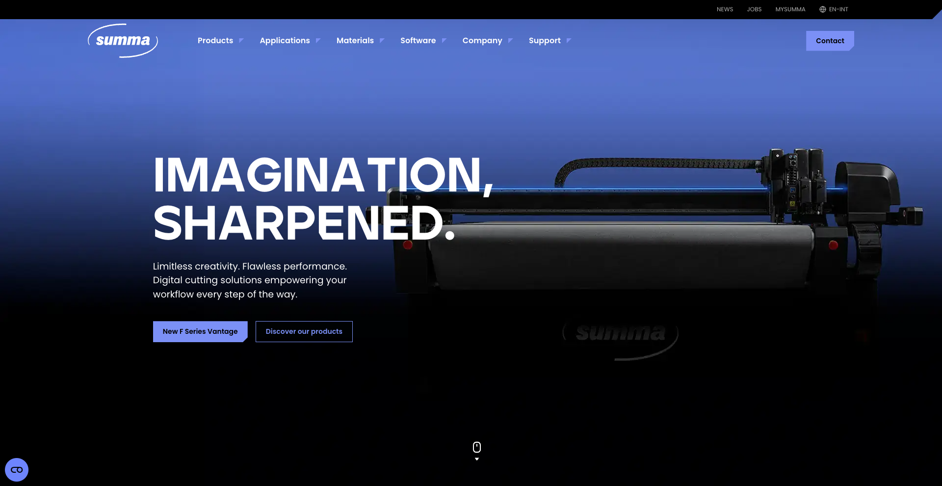 Summa website homepage with the tagline 'Imagination, Sharpened' and subtext about limitless creativity and digital cutting solutions, featuring a large industrial cutting machine on a blue gradient background, navigation menu (Products, Applications, Materials, Software, Company, Support), and two call-to-action buttons for the F Series flatbed and product discovery.