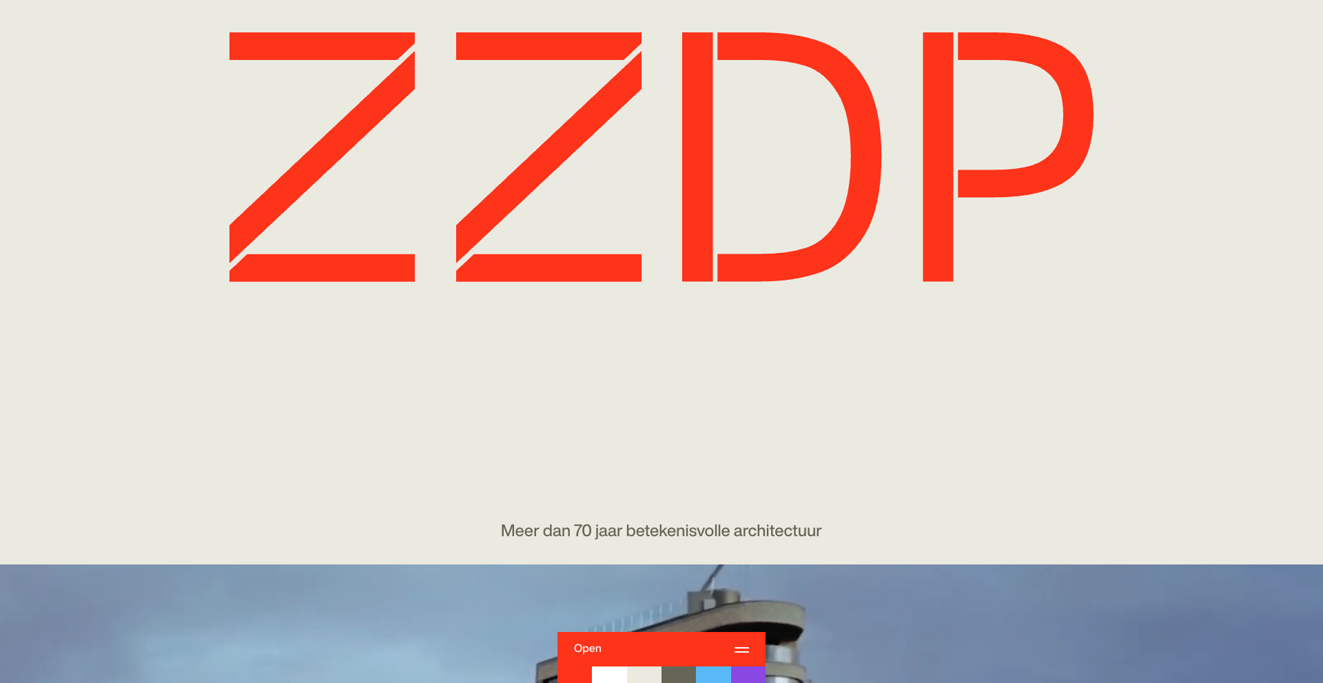 Bold red letters "ZZDP" on a beige background, with text below stating "More than 70 years of meaningful architecture" in Dutch.
