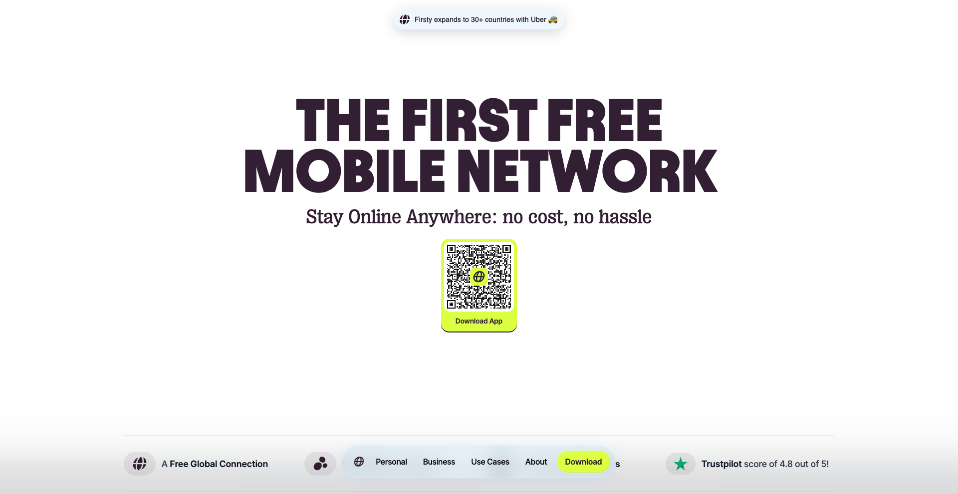 Promotional image for "The First Free Mobile Network" with a QR code to download the app. Text reads "Stay Online Anywhere: no cost, no hassle."