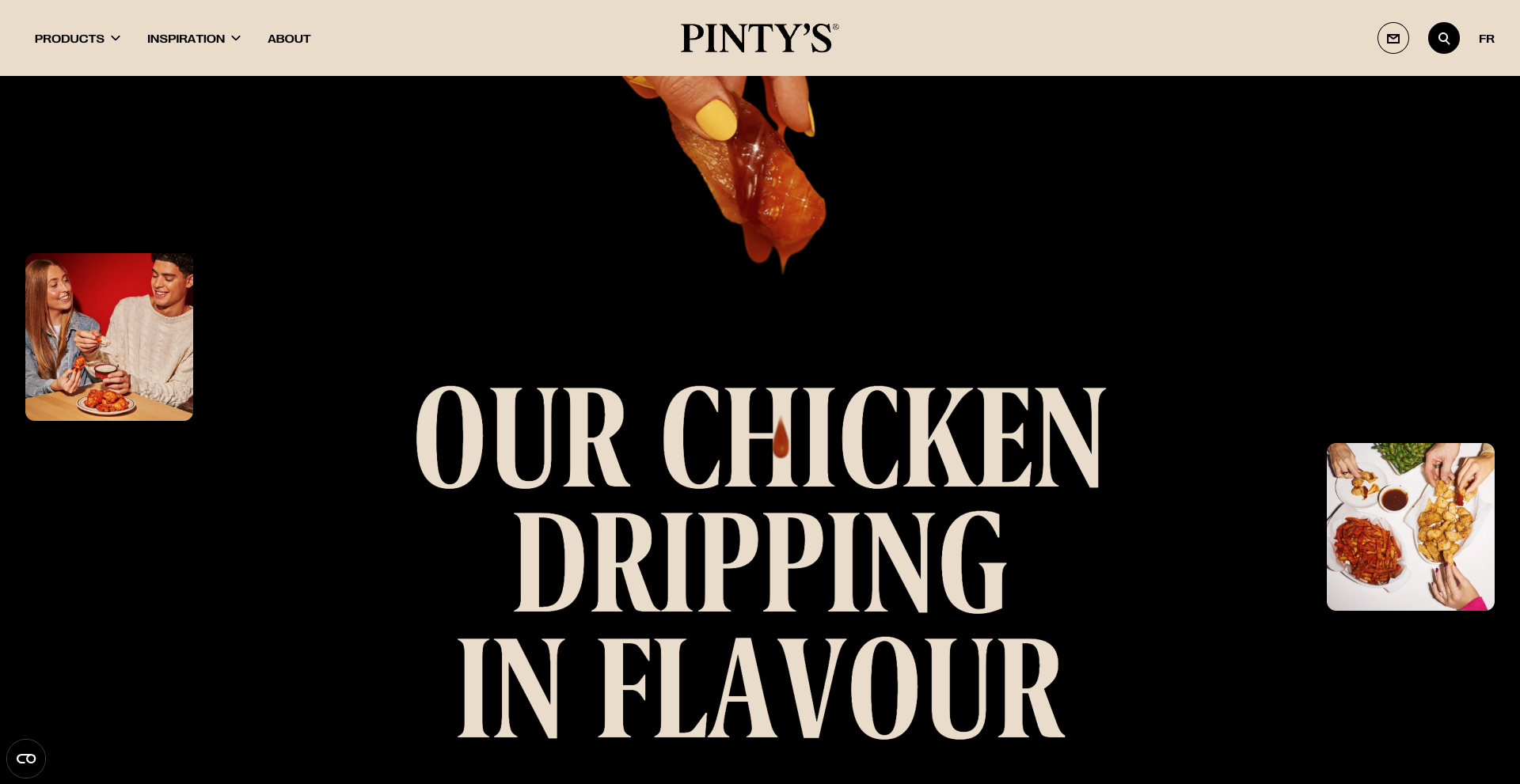 Hand holding sauced chicken wing above bold text "Our Chicken Dripping in Flavour" on black background, with food and people images on the sides.