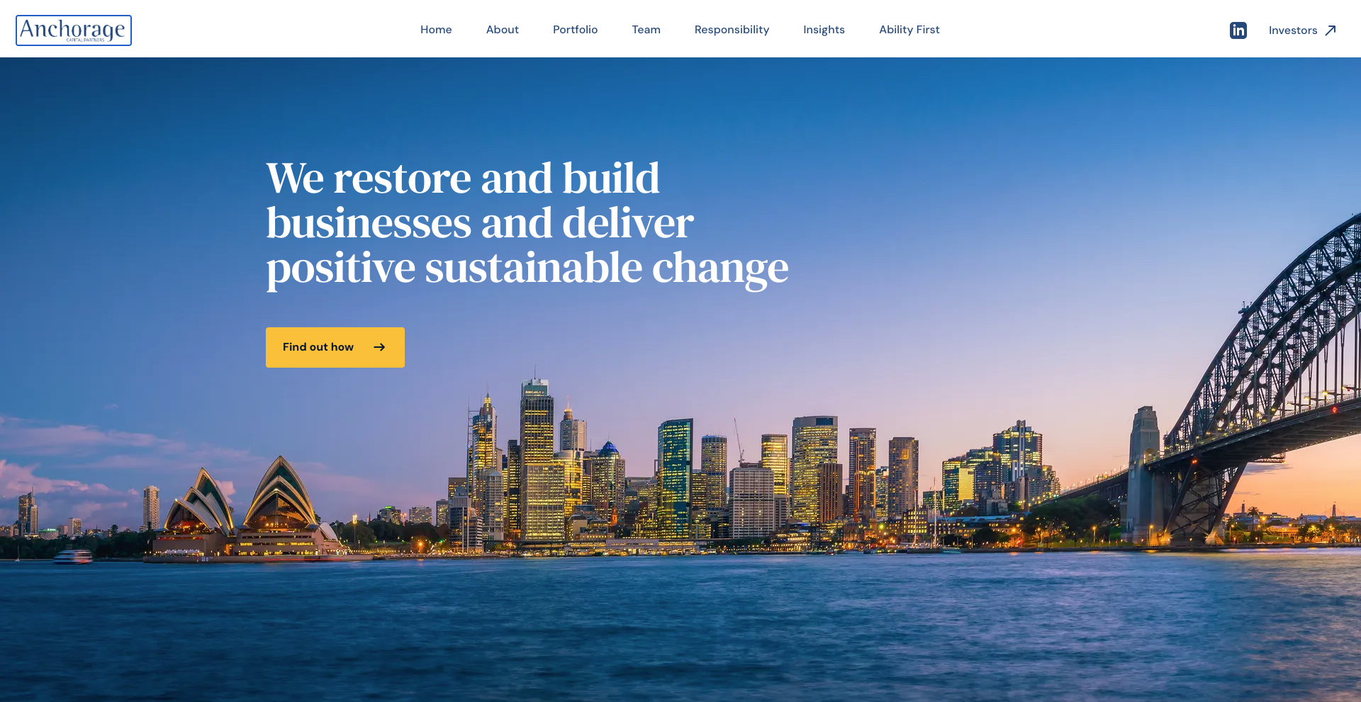 Sydney skyline at dusk with text reading, "We restore and build businesses and deliver positive sustainable change." The Anchorage logo is at the top.