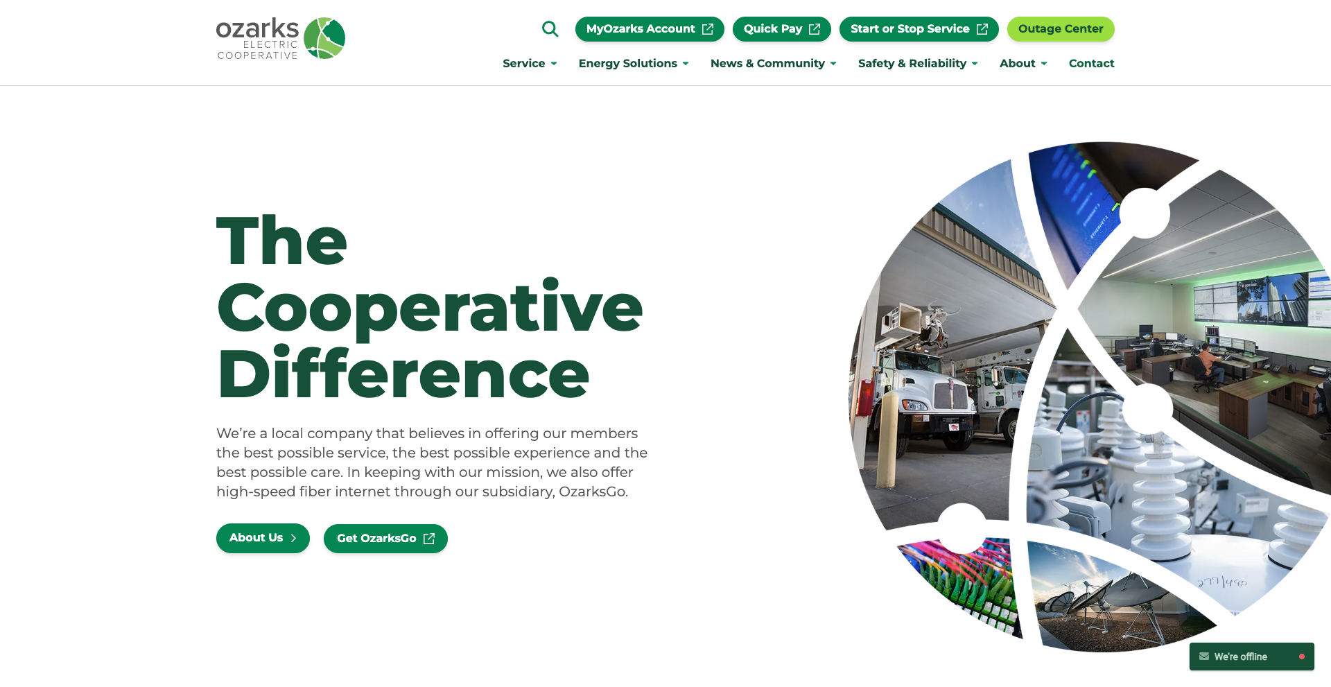 Website homepage for Ozarks Electric Cooperative, showcasing their commitment to service and high-speed fiber internet, with related imagery.