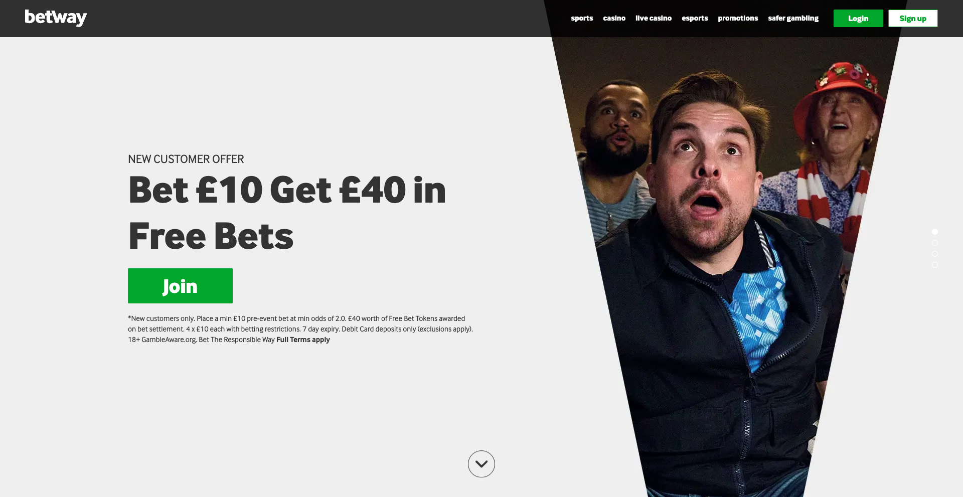 Betway promotion: "Bet £10 Get £40 in Free Bets" with excited spectators watching an event. Option to join with a green button.