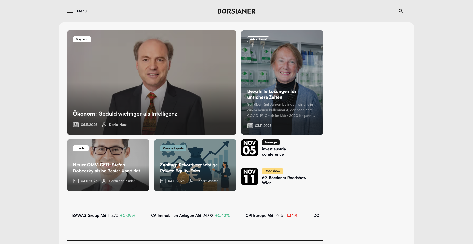 Screenshot of the Börsianer website homepage. The layout features multiple news articles with images and categories such as Magazin, Advertorial, Insider, and Private Equity. The main article headline reads “Ökonom: Geduld wichtiger als Intelligenz,” followed by others like “Bewährte Lösungen für unsichere Zeiten,” “Neuer OMV-CEO: Stefan Doboczky als heißester Kandidat,” and “Zahlflog: Rekordverdächtige Private Equity-Exits.” On the right side, there are event listings for “invest.austria conference” and “69. Börsianer Roadshow Wien.” A live stock ticker runs along the bottom displaying company names and market data such as Erste Group Bank AG and EVN AG.