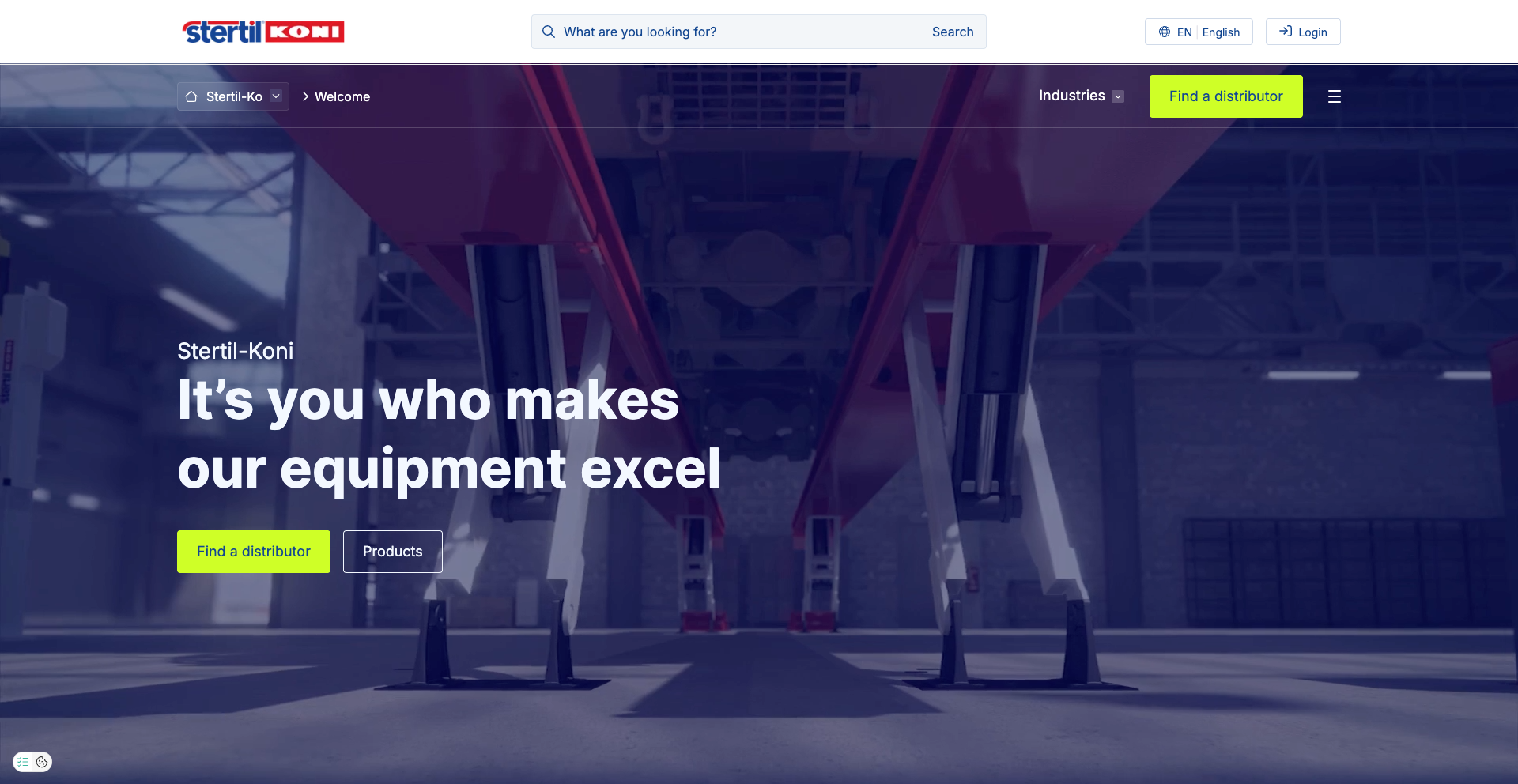 Underneath a red vehicle lift, the text reads "It's you who makes our equipment excel" with buttons for finding a distributor or viewing products.