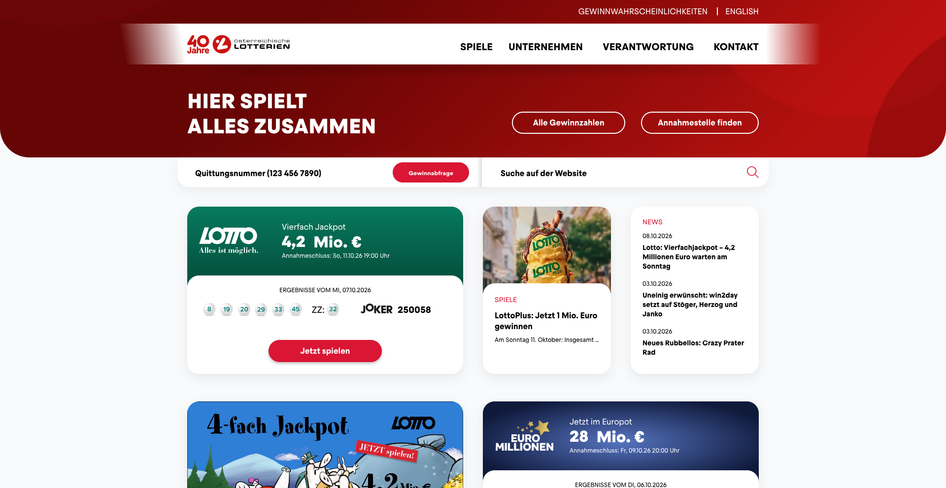 A webpage for Österreichische Lotterien celebrating 40 years, featuring various lottery games, results, jackpots, and news updates.