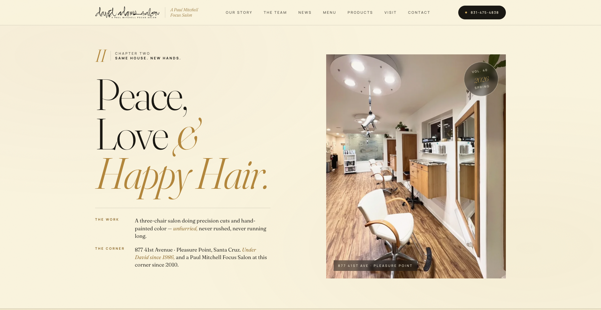 Salon interior with wooden floors and modern styling chairs. Text reads "Peace, Love & Happy Hair." Located at 877 41st Avenue, Pleasure Point.