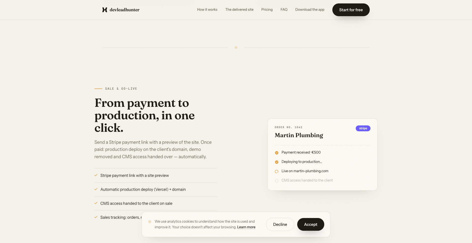 Webpage explaining a service that automates site deployment from payment. Features and an order notification for Martin Plumbing are shown.