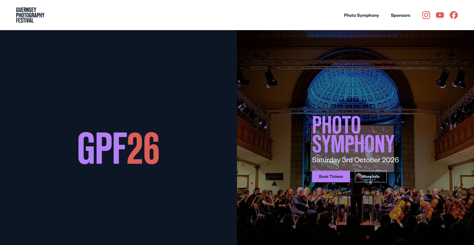 Colorful poster for the Guernsey Photography Festival 2026, featuring a photo symphony event on Saturday, October 3rd, with options to book tickets.