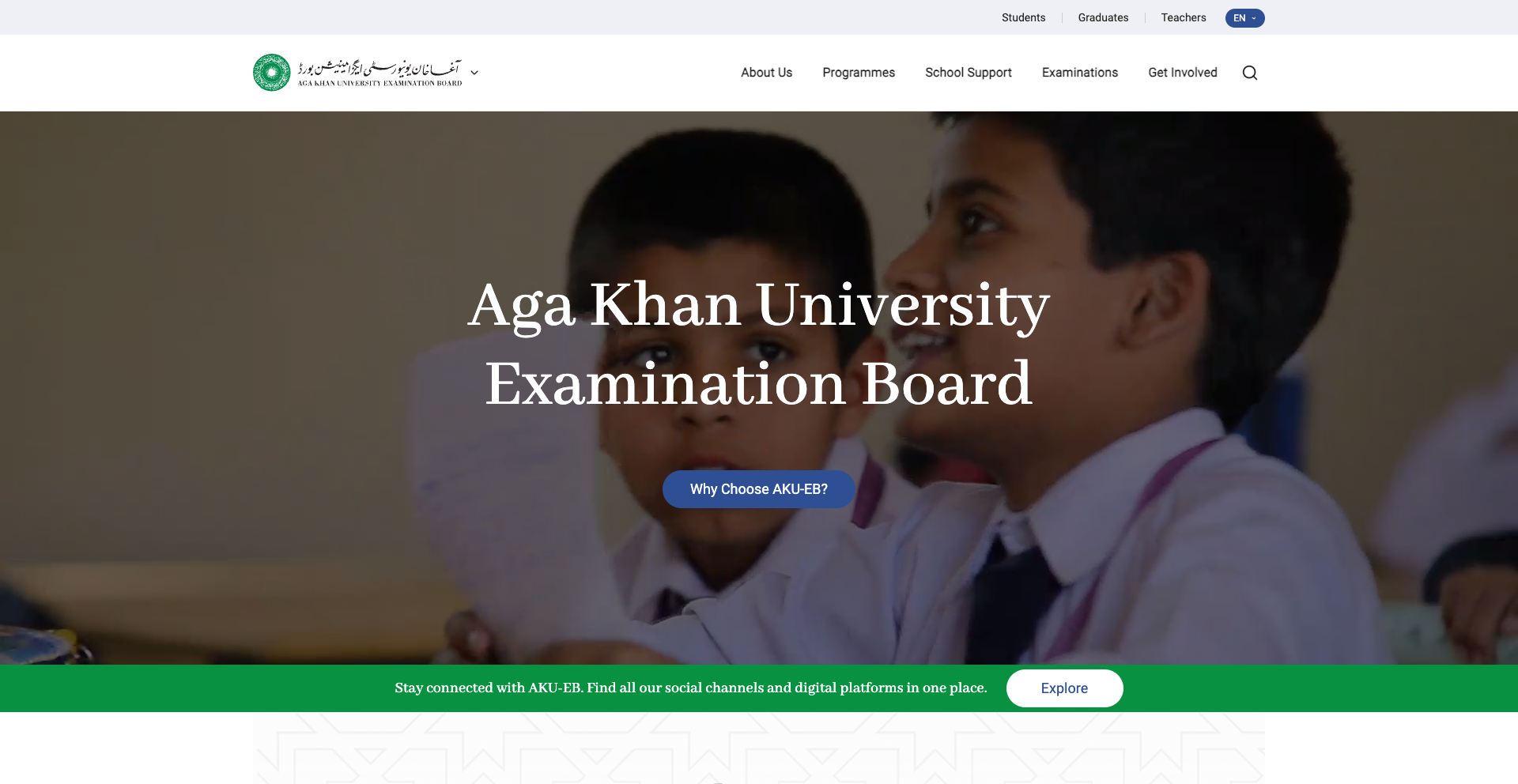 Screenshot of the Aga Khan University Examination Board website, featuring a boy's face and the text "Why Choose AKU-EB?" with menu options.