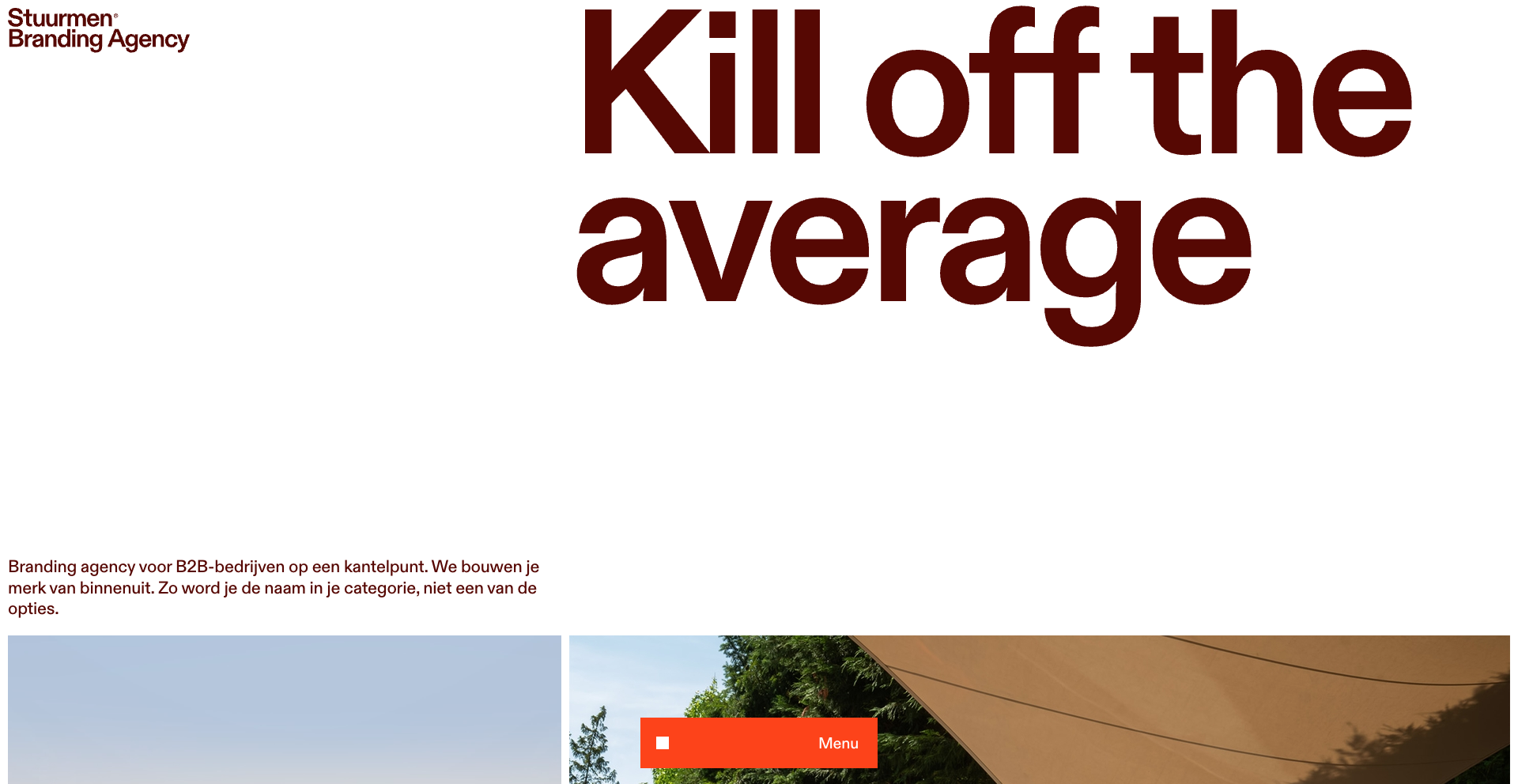 Large text "Kill off the average" with smaller text about a branding agency below, alongside a minimal design and an orange menu button.