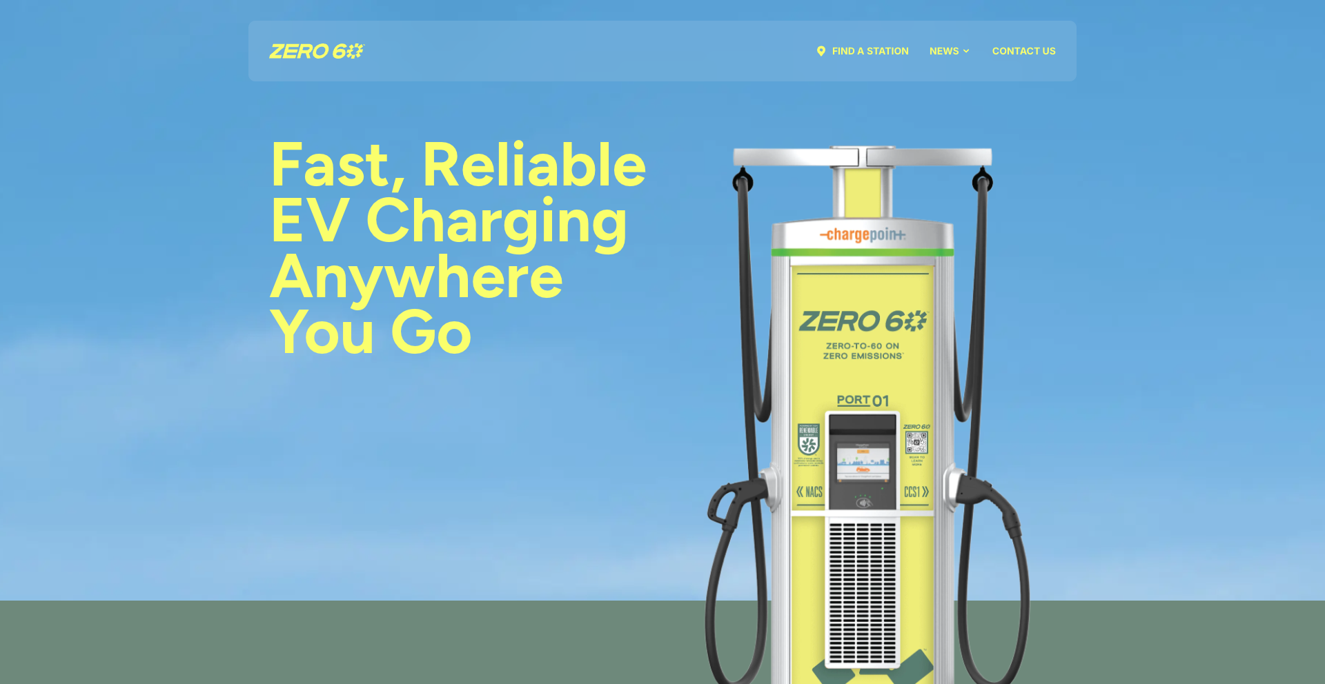EV charging station with "Zero" branding, emphasizing fast, reliable charging. Background is a clear blue sky with a website menu on top.