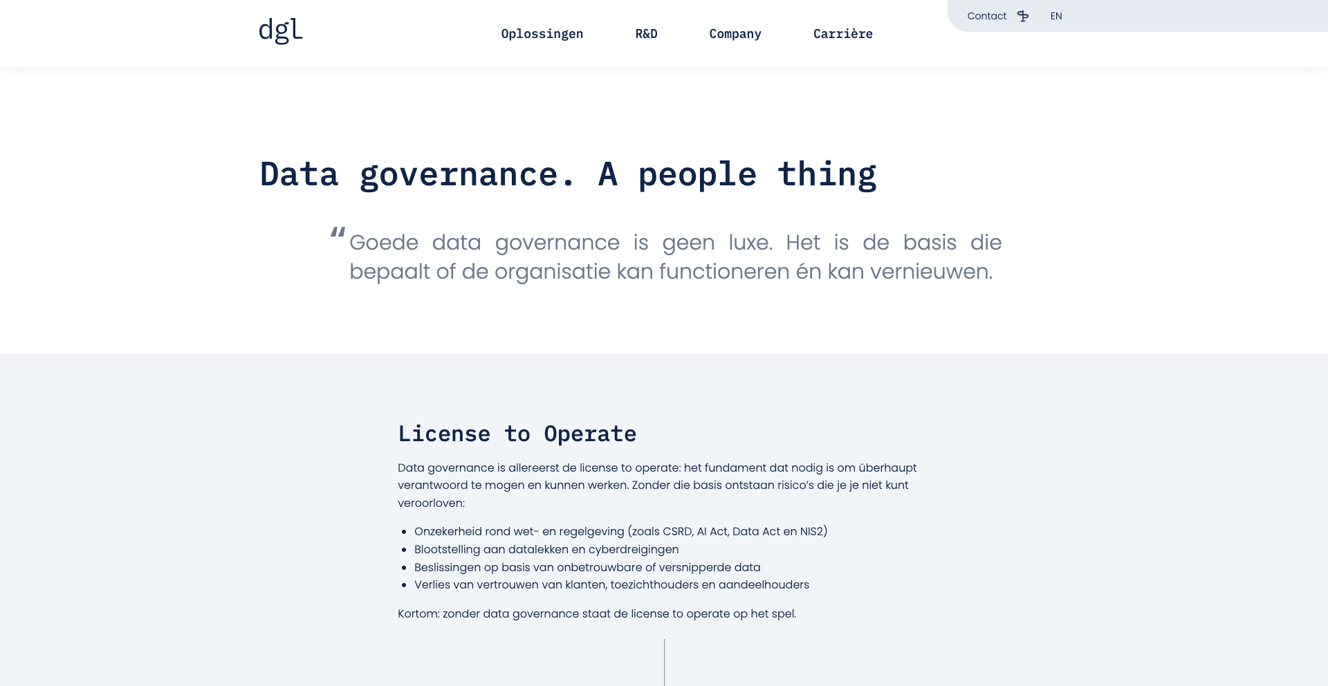 Website with a minimalist design, featuring text on data governance. Dutch quote about its importance and organization functionality. Logo at the top.