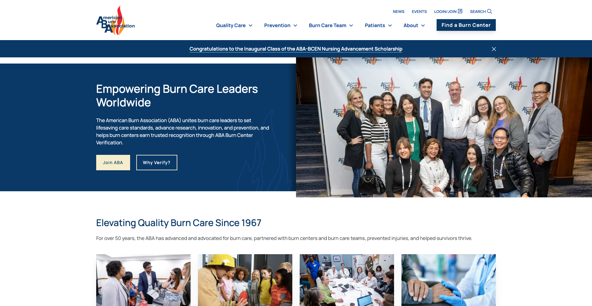 American Burn Association website featuring burn care information, a congratulatory message, group of people, and resources for joining and verifying.