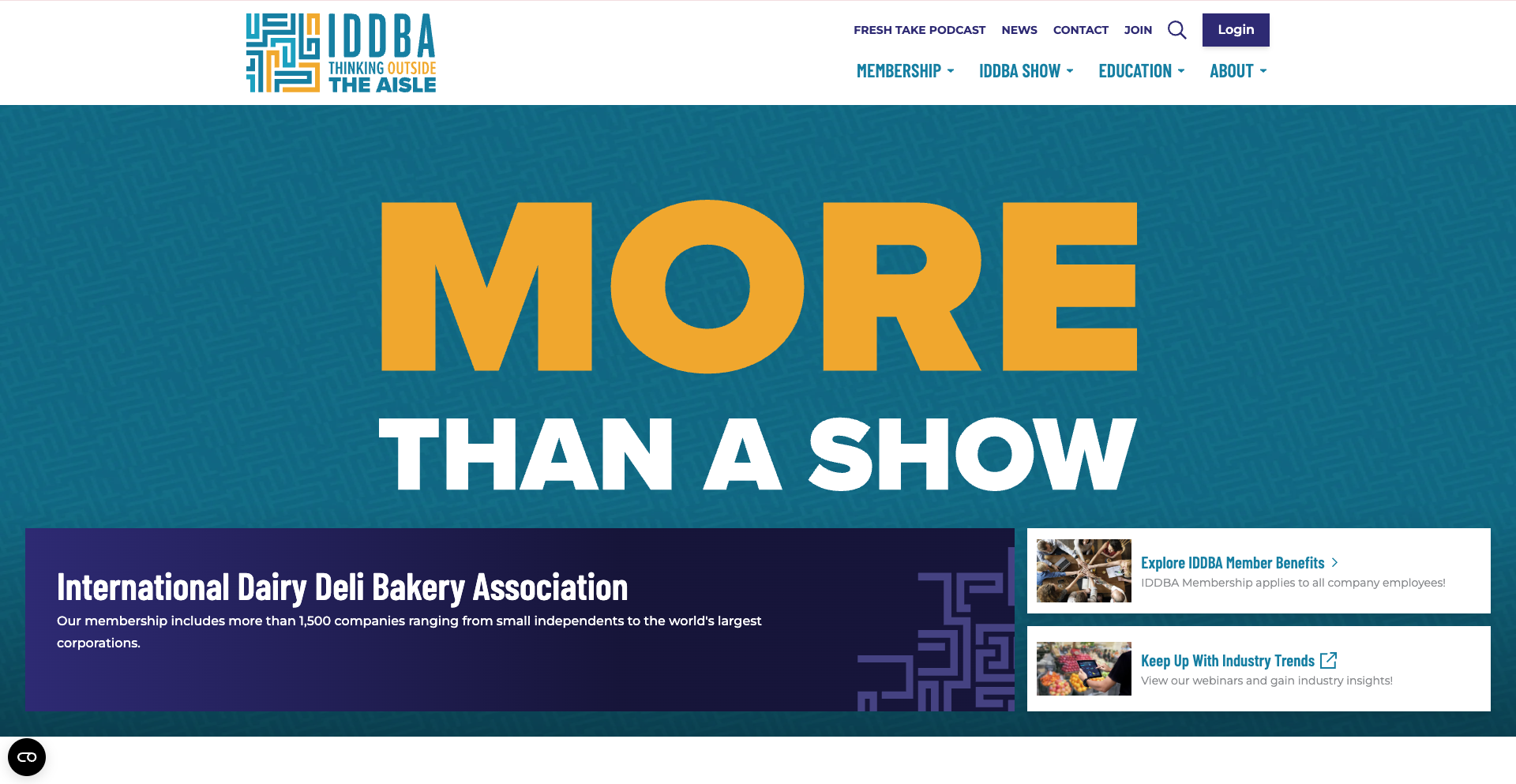 Website header for the International Dairy Deli Bakery Association promoting membership benefits and industry trends.