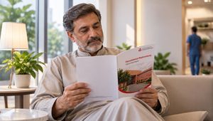 Man in traditional attire reading a medical pamphlet titled "Percutaneous Nephrostomy" in a waiting room with plants and a lamp.