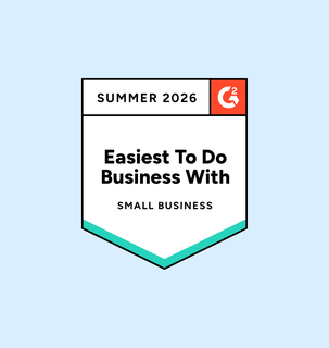 Badge with "Easiest To Do Business With" for small business, Summer 2026, featuring G2 logo on a light blue background.