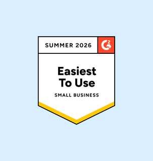 Badge with text: "Summer 2026, Easiest To Use, Small Business" and G2 logo on a light blue background.