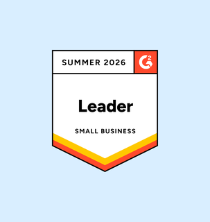 G2 badge labeled "Leader" for small business, Summer 2026. Red, yellow, and orange chevron on a light blue background.