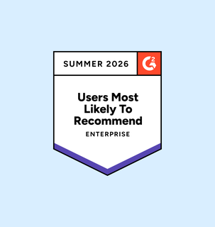 Award badge labeled "Summer 2026: Users Most Likely to Recommend, Enterprise" on a light blue background with a red G2 logo.