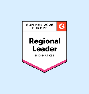 Badge with "Summer 2026 Europe" and "Regional Leader Mid-Market." Features G2 logo on a light blue background.
