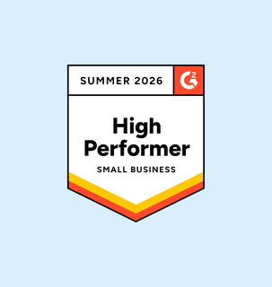 Badge with "High Performer Small Business Summer 2026" text and G2 logo on a light blue background.