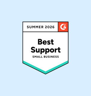 Award badge for "Best Support Small Business" from G2, Summer 2026, featuring a decorative teal border on a light blue background.