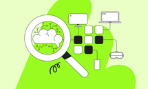 Magnifying glass over a cloud with circuits, connected to various tech devices on a green background, symbolizing tech integration.