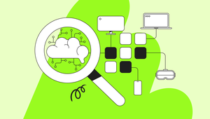 Magnifying glass over a cloud with circuits, connected to various tech devices on a green background, symbolizing tech integration.