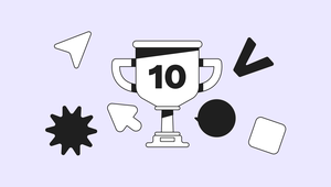 Illustration of a trophy with the number 10, surrounded by various geometric shapes on a light purple background.